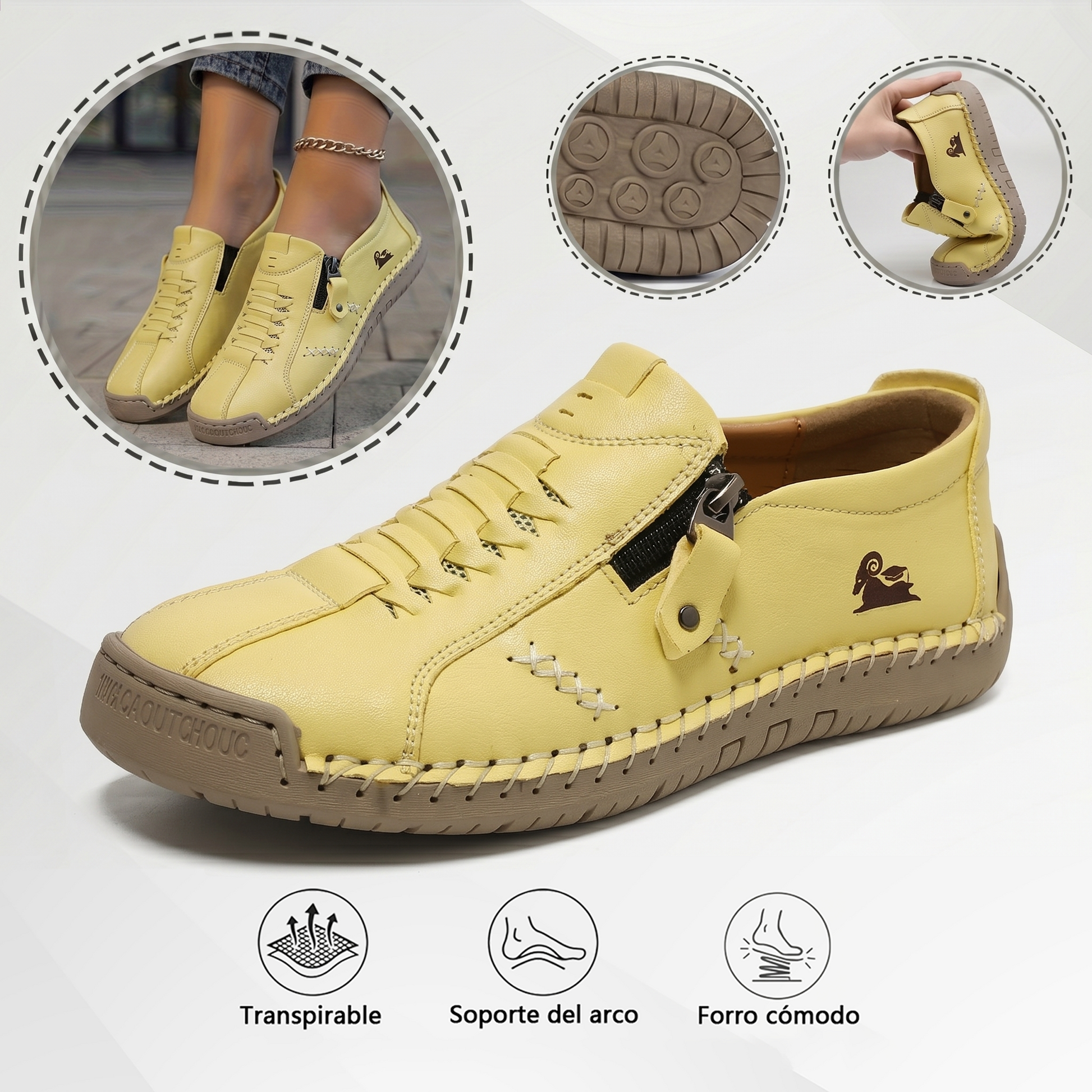🔥 ¡Oferta especial de hoy con un 60% de descuento 🎁Mocasines de Piel con Cremallera para Mujer, Zapatos Cómodos Ergonómicos, Calzado Casual para Caminar Sin Cordones