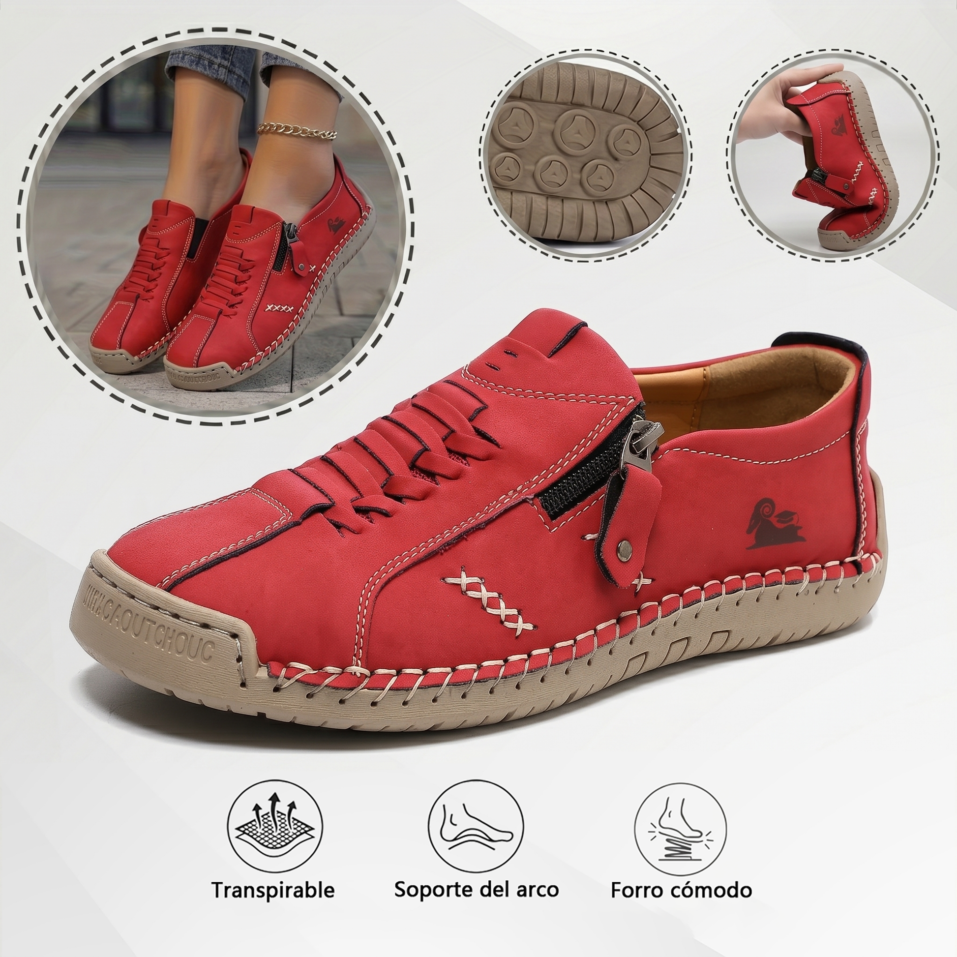 🔥 ¡Oferta especial de hoy con un 60% de descuento 🎁Mocasines de Piel con Cremallera para Mujer, Zapatos Cómodos Ergonómicos, Calzado Casual para Caminar Sin Cordones