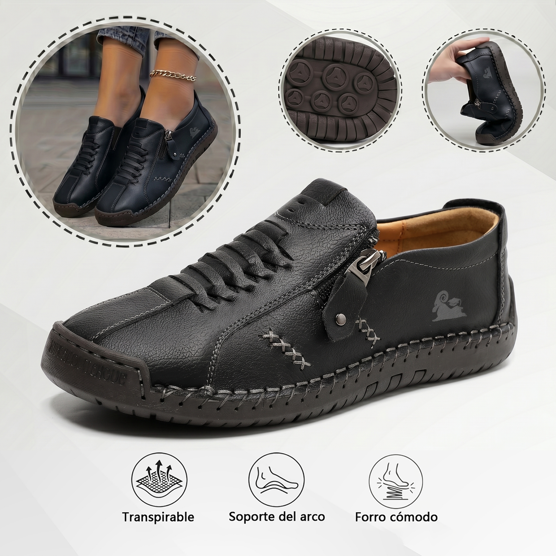 🔥 ¡Oferta especial de hoy con un 60% de descuento 🎁Mocasines de Piel con Cremallera para Mujer, Zapatos Cómodos Ergonómicos, Calzado Casual para Caminar Sin Cordones